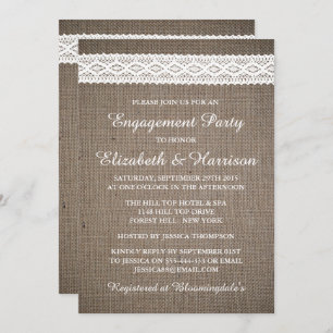 Rustic Burlap, Vintage White Lace Engagement Party Invitation