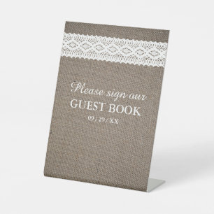 Rustic Burlap & Vintage White Lace Wedding Pedestal Sign