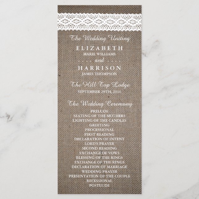 Rustic Burlap & Vintage White Lace Wedding Program Programme (Front)