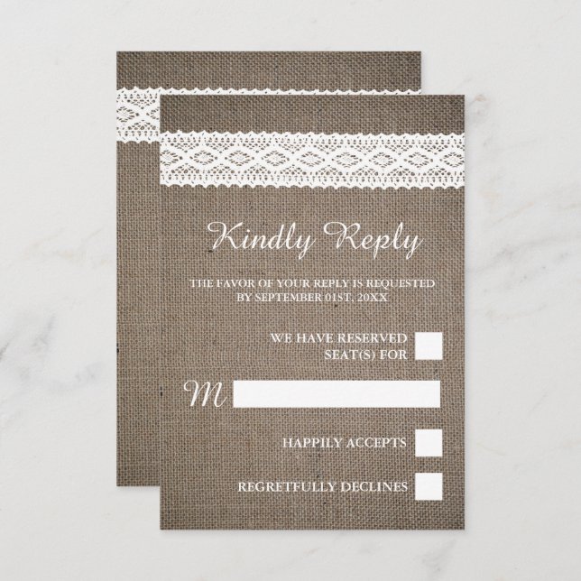 Rustic Burlap & Vintage White Lace Wedding RSVP Card (Front/Back)