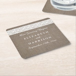 Rustic Burlap & Vintage White Lace Wedding Square Paper Coaster
