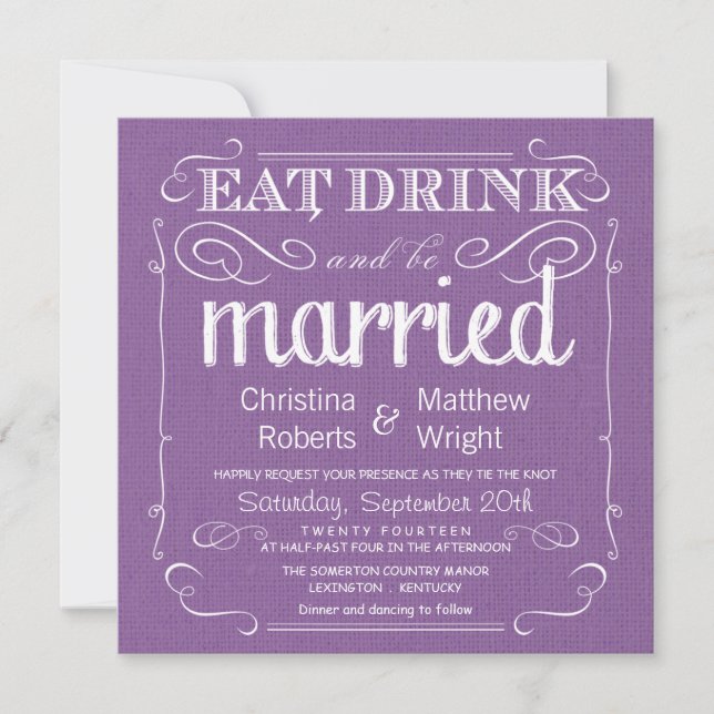 Rustic Burlap Violet Purple Wedding Invitations (Front)