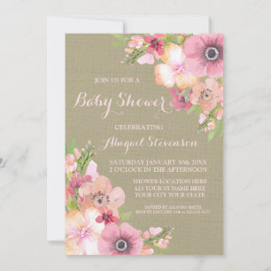 Rustic Burlap Watercolor Flowers Baby Shower Invitation