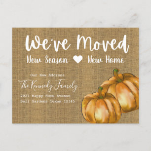 Rustic Burlap Watercolor Pumpkin Fall Moving Announcement Postcard