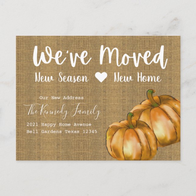 Rustic Burlap Watercolor Pumpkin Fall Moving Announcement Postcard (Front)