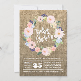 Rustic Burlap Watercolor Wreath BABY Shower Invite