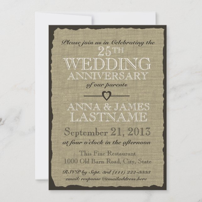 Rustic Burlap Wedding Anniversary Invitation (Front)