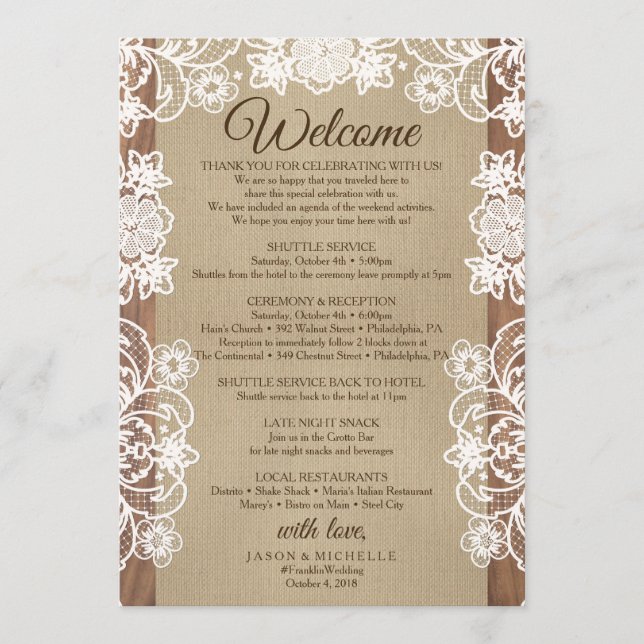 Rustic Burlap Wedding Itinerary - Wedding Welcome Programme (Front)
