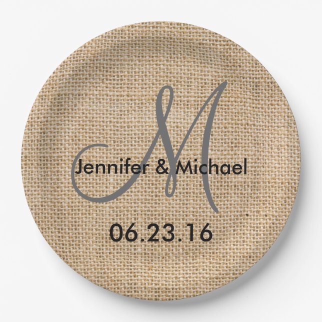 Rustic Burlap Wedding Monogram Names Date Paper Plate (Front)