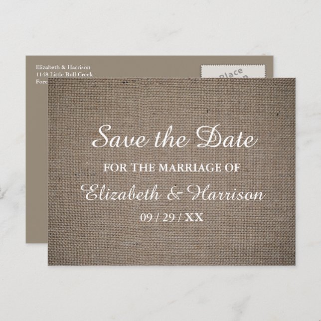 Rustic Burlap Wedding Save The Date Postcard (Front/Back)