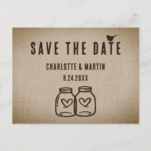 Rustic Burlap Wedding Save The Date Postcard (Front)