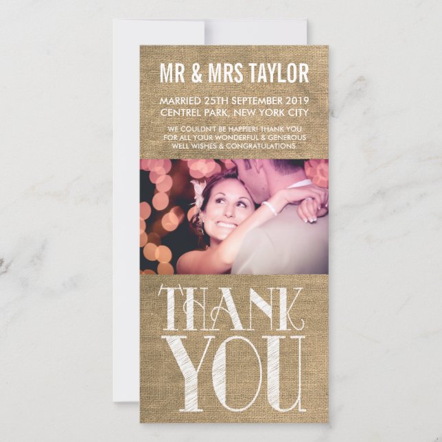 Rustic Burlap Wedding Thank You Photo Cards (Front)