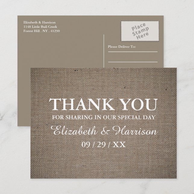 Rustic Burlap Wedding Thank You Postcard (Front/Back)