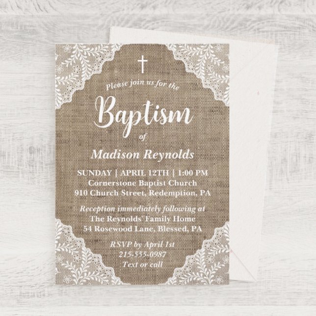 Rustic Burlap & White Lace Cross Baptism Invitation (Creator Uploaded)