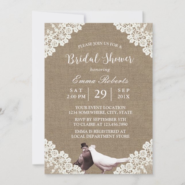Rustic Burlap White Lace Lovebirds Bridal Shower Invitation (Front)