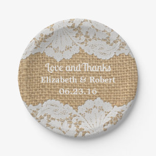 Rustic Burlap & White Lace Wedding Paper Plates