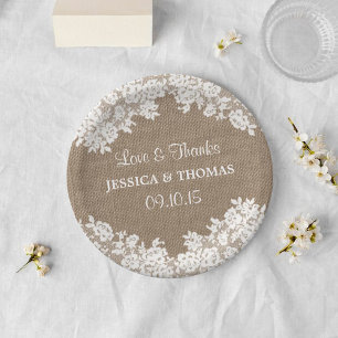 Rustic Burlap & White Lace Wedding Paper Plates