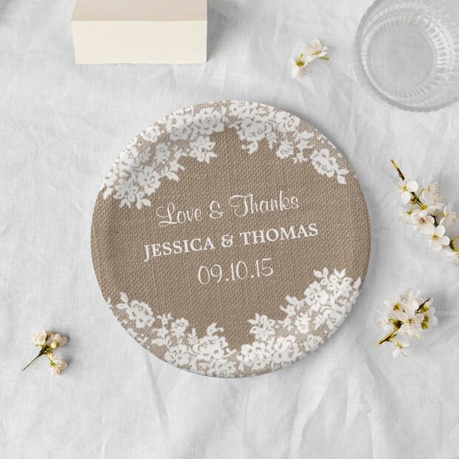 Rustic Burlap & White Lace Wedding Paper Plates (Creator Uploaded)