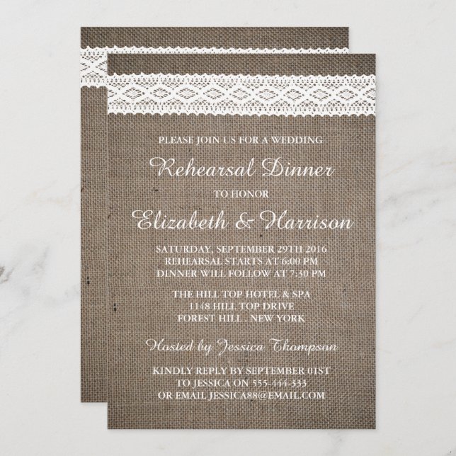 Rustic Burlap, White Lace Wedding Rehearsal Dinner Invitation (Front/Back)