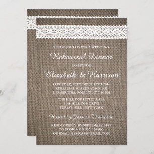 Rustic Burlap, White Lace Wedding Rehearsal Dinner Invitation