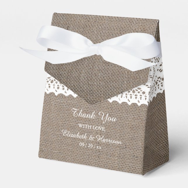 Rustic Burlap & White Lace Wedding Thank You Favour Box (Front Side)
