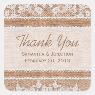 Rustic Burlap & White Lace Wedding Thank You Square Sticker