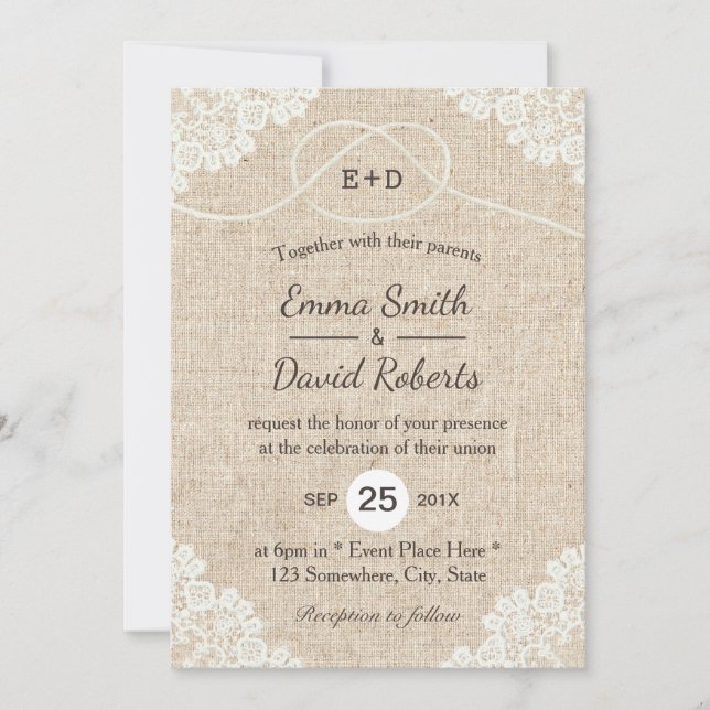Rustic Burlap White Laced Rope Heart Knot Wedding Invitation (Front)