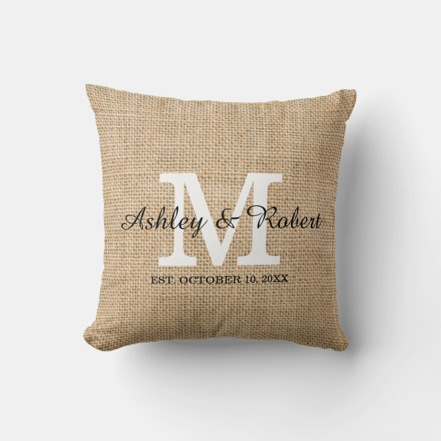 Rustic Burlap White Monogram Wedding Keepsake Cushion (Front)