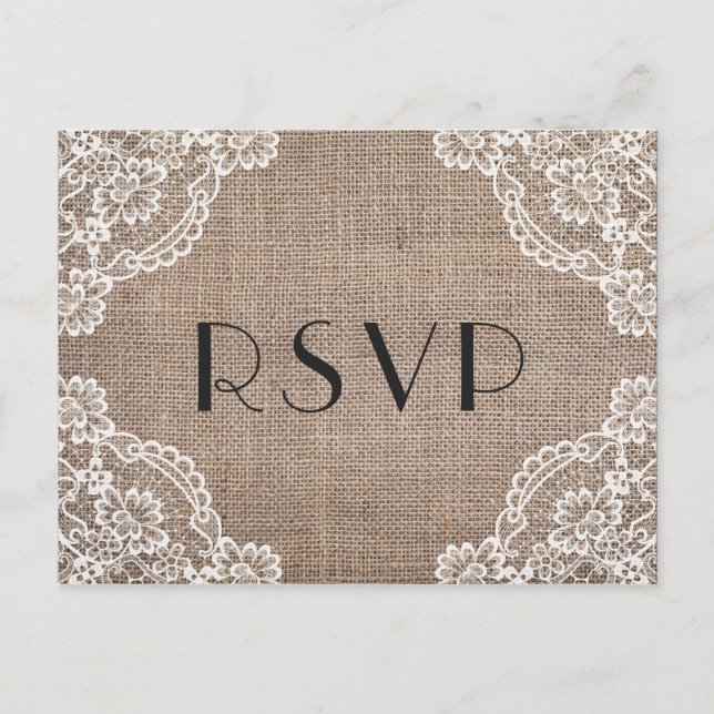 Rustic Burlap with Lace Corners | Meal Choice RSVP Invitation Postcard (Front)