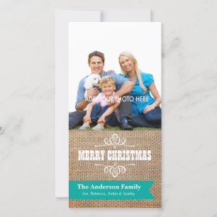 Rustic Burlap with Teal Banner Photo Christmas Holiday Card