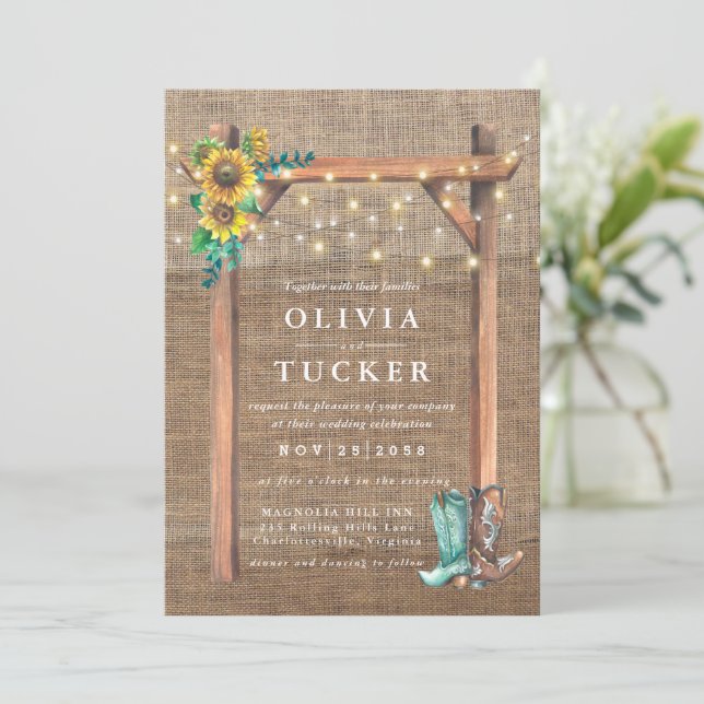 Rustic Burlap Wood Country Sunflower Wedding  Invitation (Standing Front)