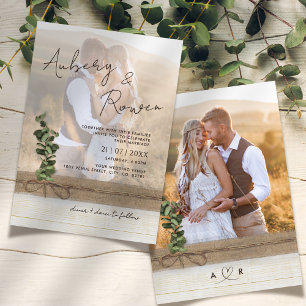 Rustic Burlap Wood Eucalyptus Boho Photo Wedding Invitation