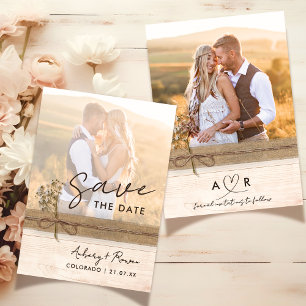 Rustic Burlap Wood Flower Boho Photo Save the Date Invitation