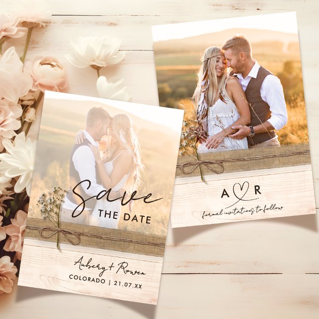 Rustic Burlap Wood Flower Boho Photo Save the Date Invitation (Creator Uploaded)
