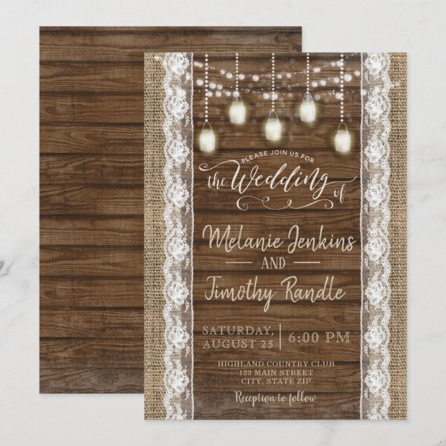 Rustic Burlap Wood Lace Wedding Invitations (Front/Back)
