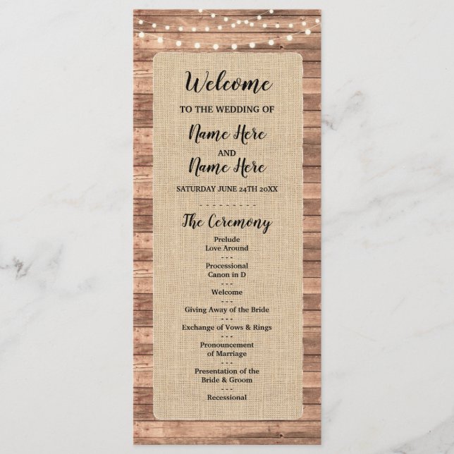 Rustic Burlap Wood Lights Wedding Program Programme (Front)