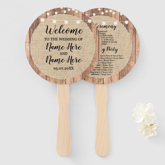 Rustic Burlap Wood Lights Wedding Programme Fan (Front and Back)