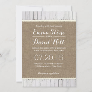 Rustic Burlap & Wood Stripes Wedding Invitations