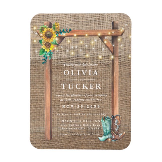  Rustic Burlap Wood Sunflower Wedding Invite Magnet (Vertical)