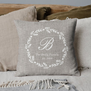 Rustic Burlap Wreath Custom Monogram Family Name Cushion