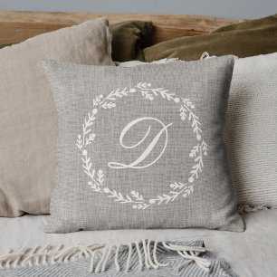 Rustic Burlap Wreath Monogrammed Cushion