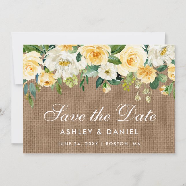 Rustic Burlap Yellow Gold White Floral Save The Date (Front)
