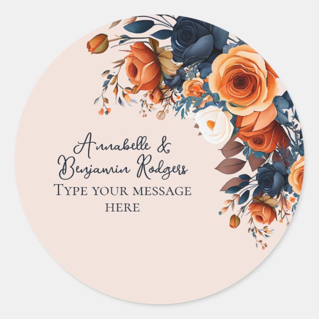 Rustic Burnt Orange and Blue Floral Wedding Classic Round Sticker (Front)