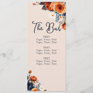 Rustic Burnt Orange and Blue Wedding Bar Menu 