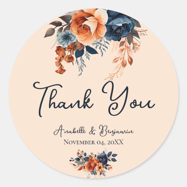 Rustic Burnt Orange and Blue Wedding Classic Round Sticker (Front)