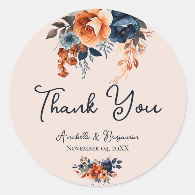 Rustic Burnt Orange and Blue Wedding Classic Round Sticker (Front)