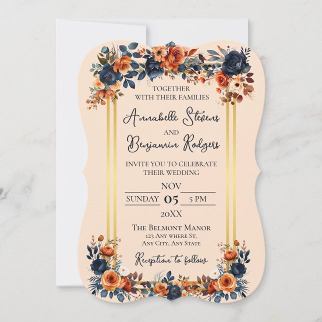 Rustic Burnt Orange and Blue Wedding Invitation (Front)
