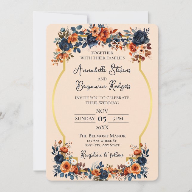 Rustic Burnt Orange and Blue Wedding Invitation (Front)