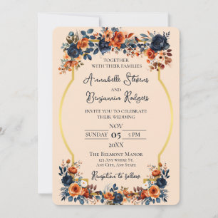 Rustic Burnt Orange and Blue Wedding Invitation