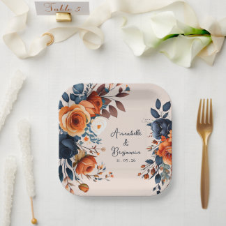 Rustic Burnt Orange and Blue Wedding  Paper Plate